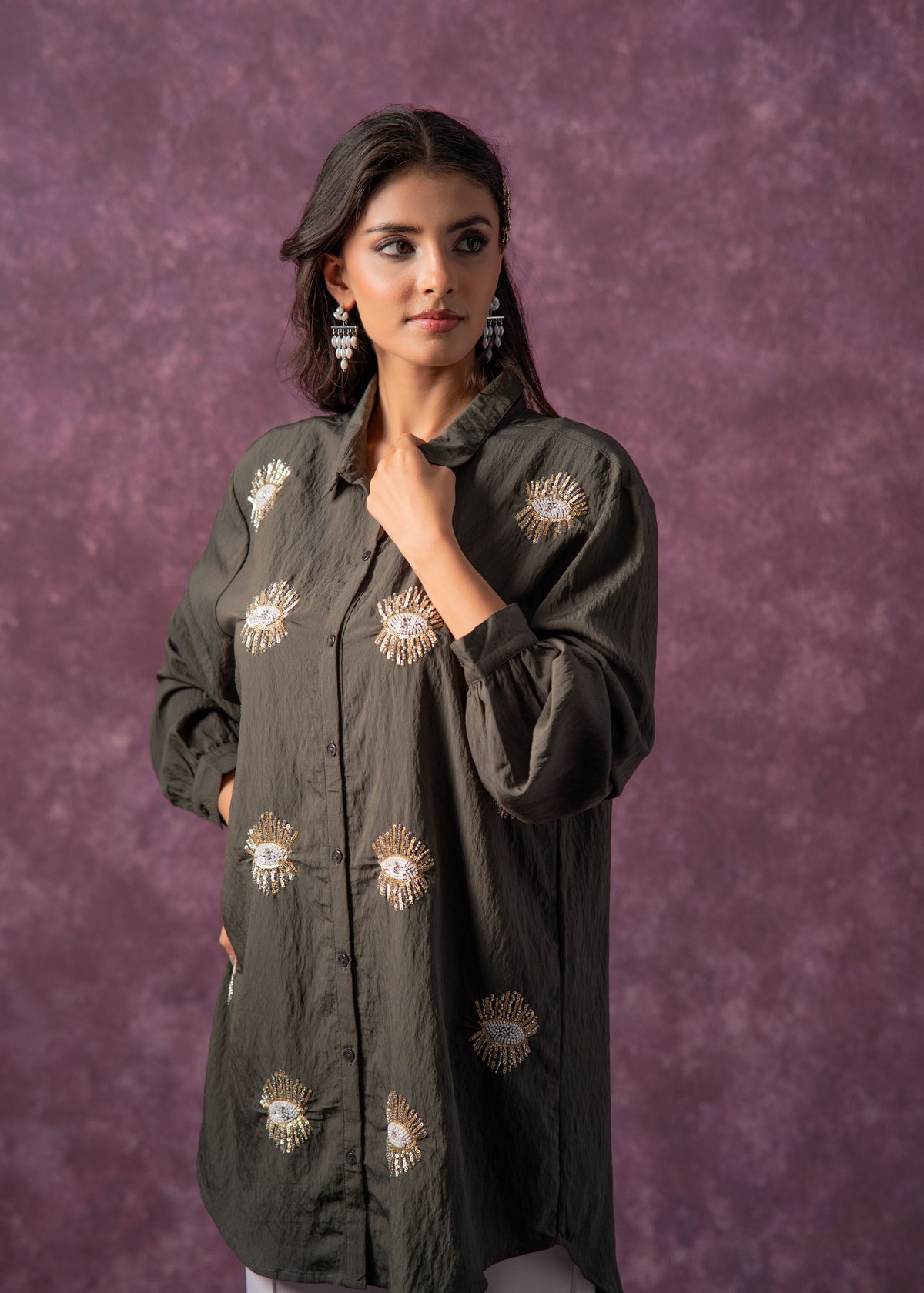 Juniper Olive Green Embellished Shirt Tunic With Beaded Eye Motifs | Grocsy