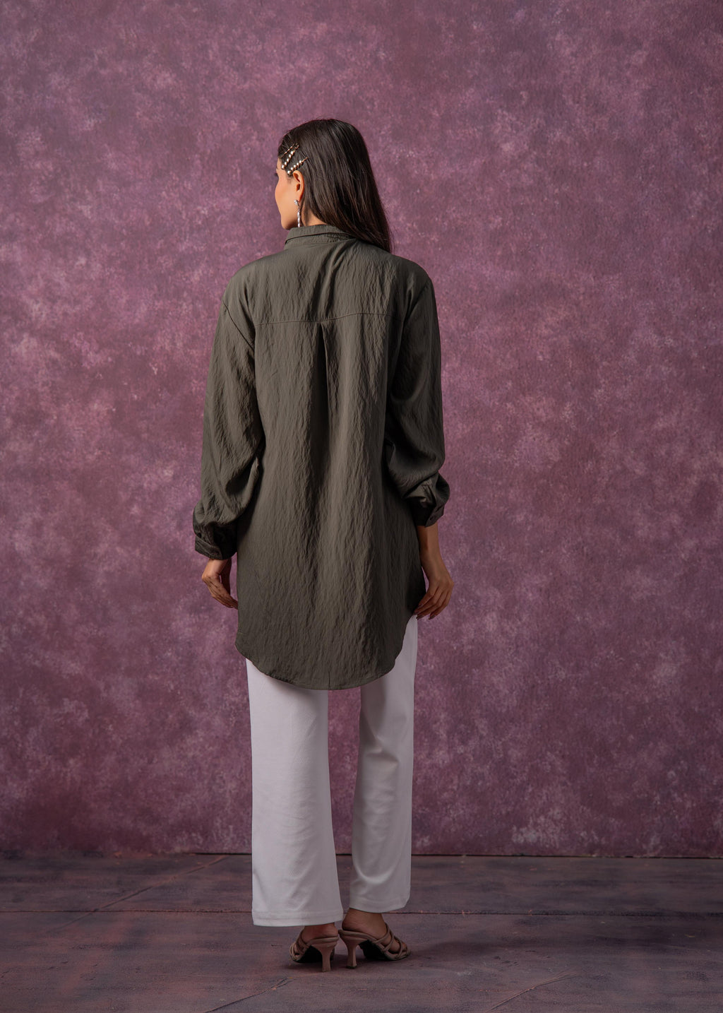 Juniper Olive Green Embellished Shirt Tunic With Beaded Eye Motifs | Grocsy