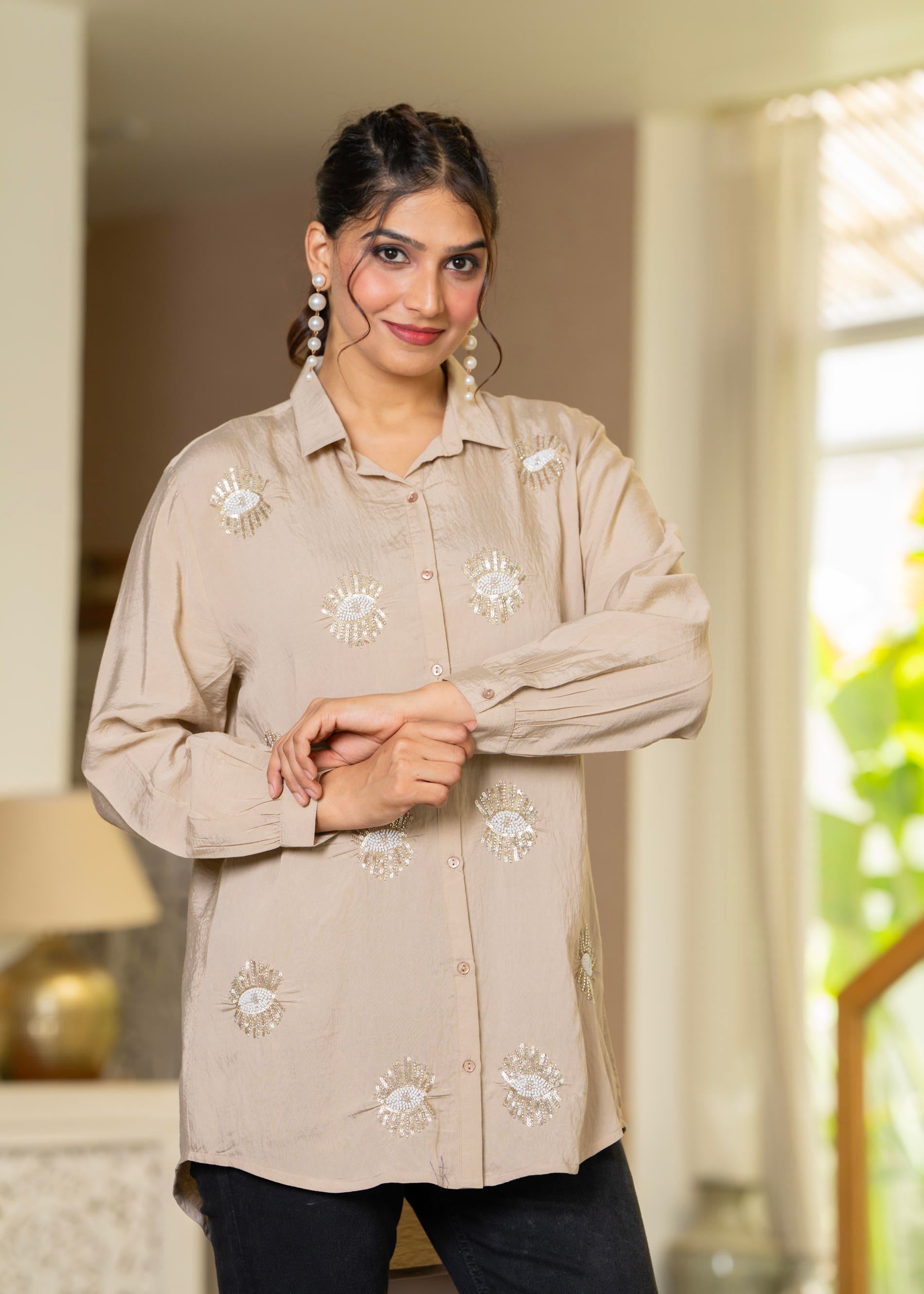 Juniper Ivory Solid Viscose Shirt With Beads And Sequence Work | Grocsy