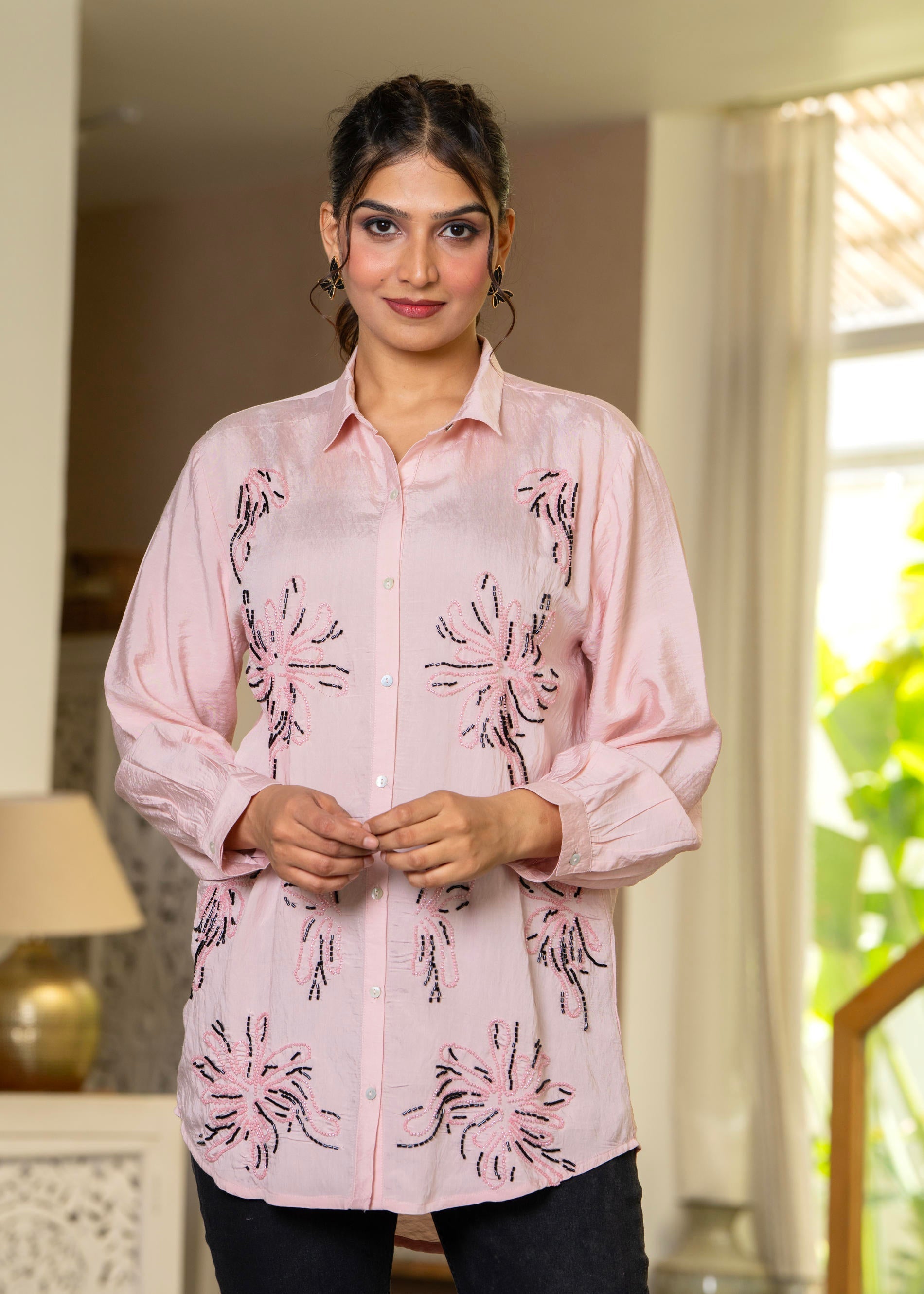 Juniper Women Pink Solid Viscose Shirt With Beads Work | Grocsy