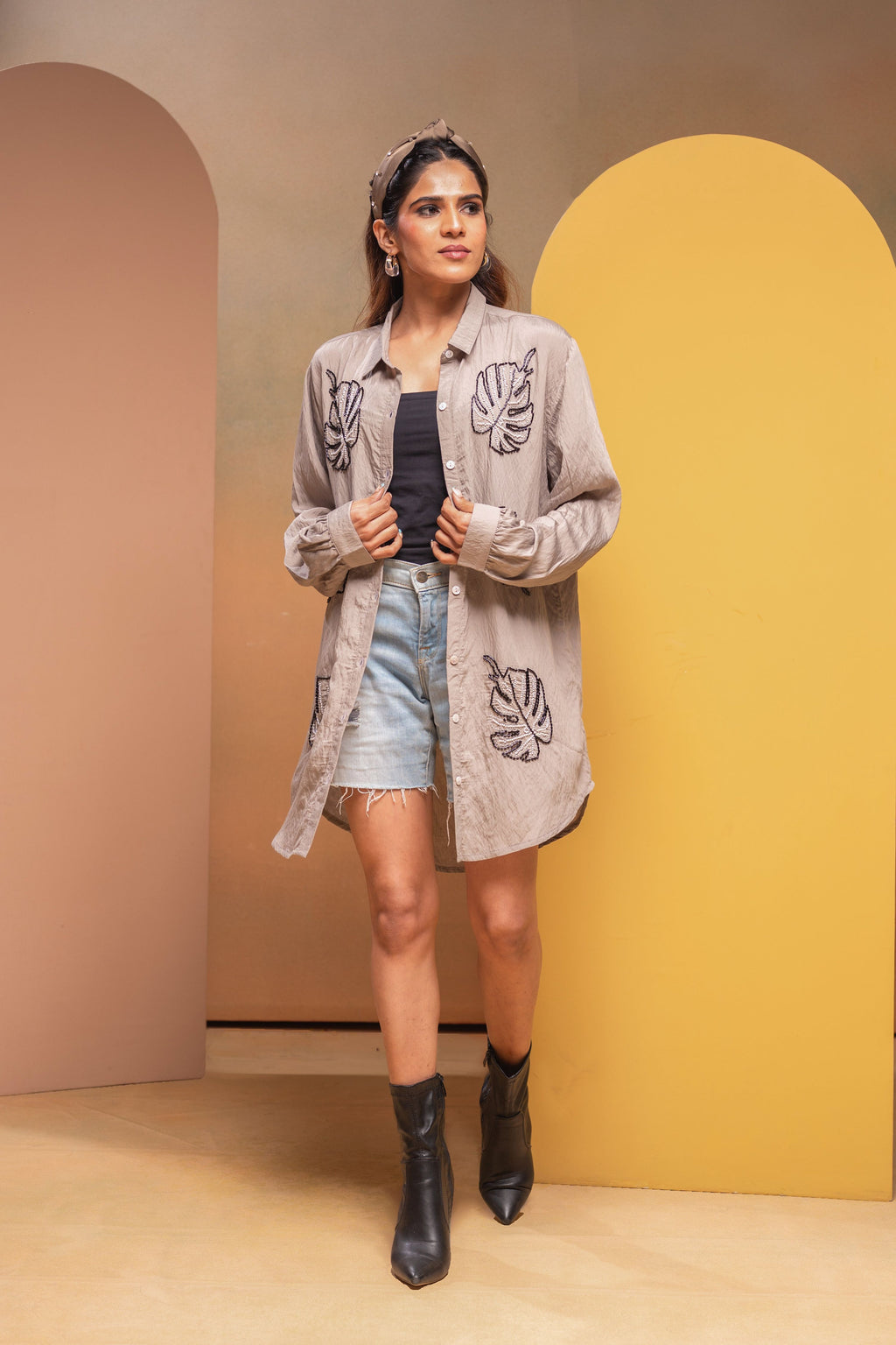 Juniper Grey Solid Viscose Shirt With Beads Work | Grocsy