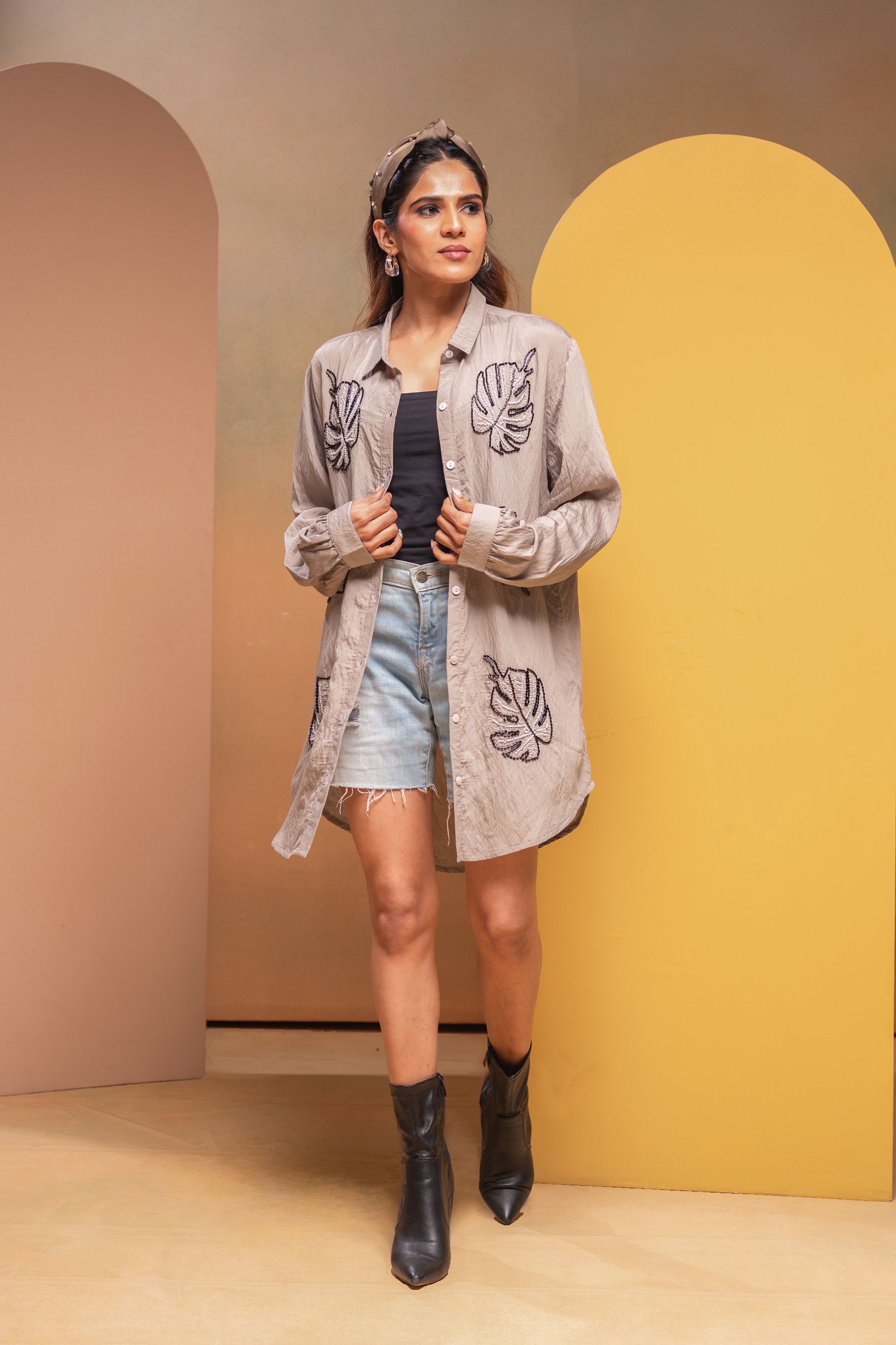 Juniper Grey Solid Viscose Shirt With Beads Work | Grocsy