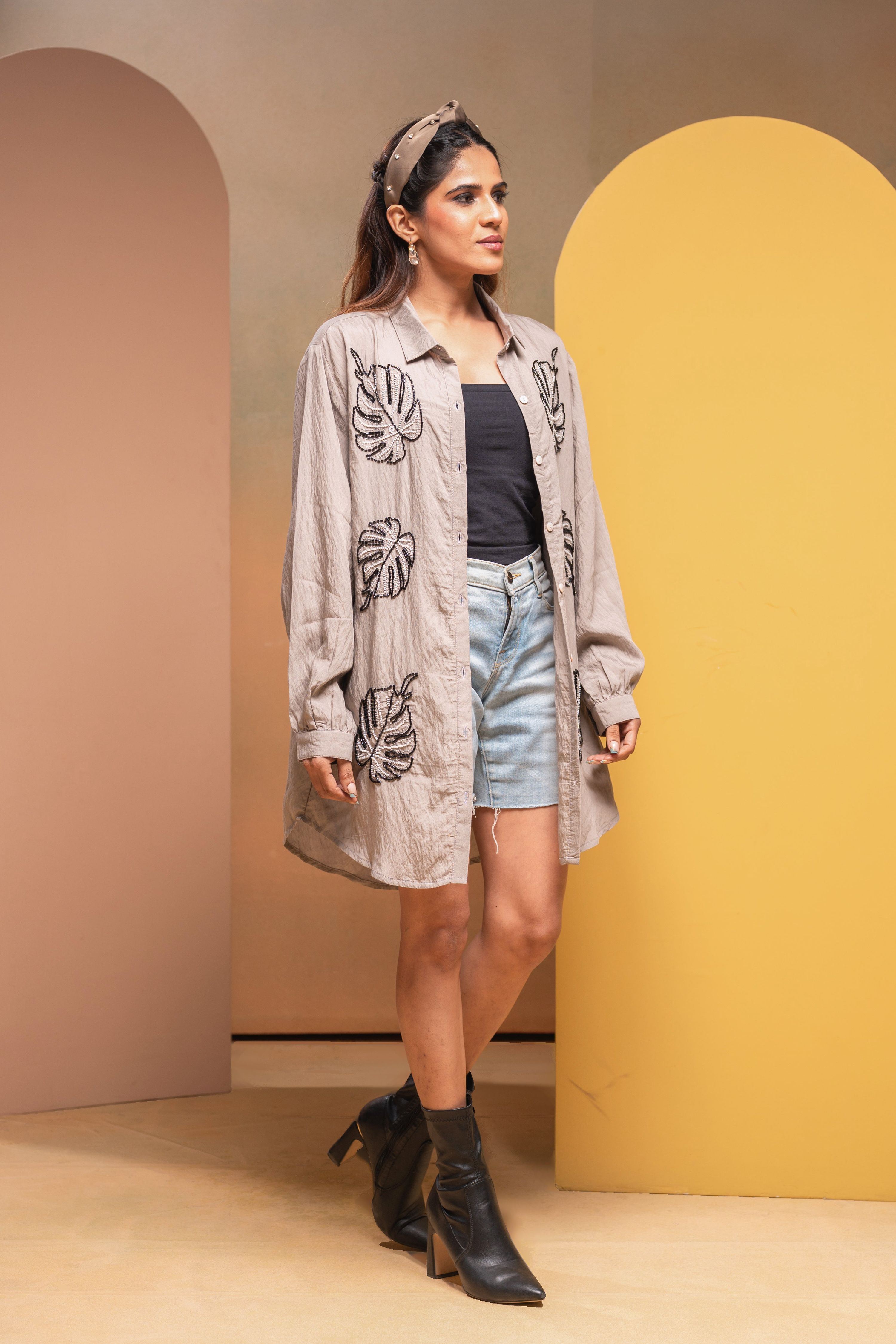 Juniper Grey Solid Viscose Shirt With Beads Work | Grocsy