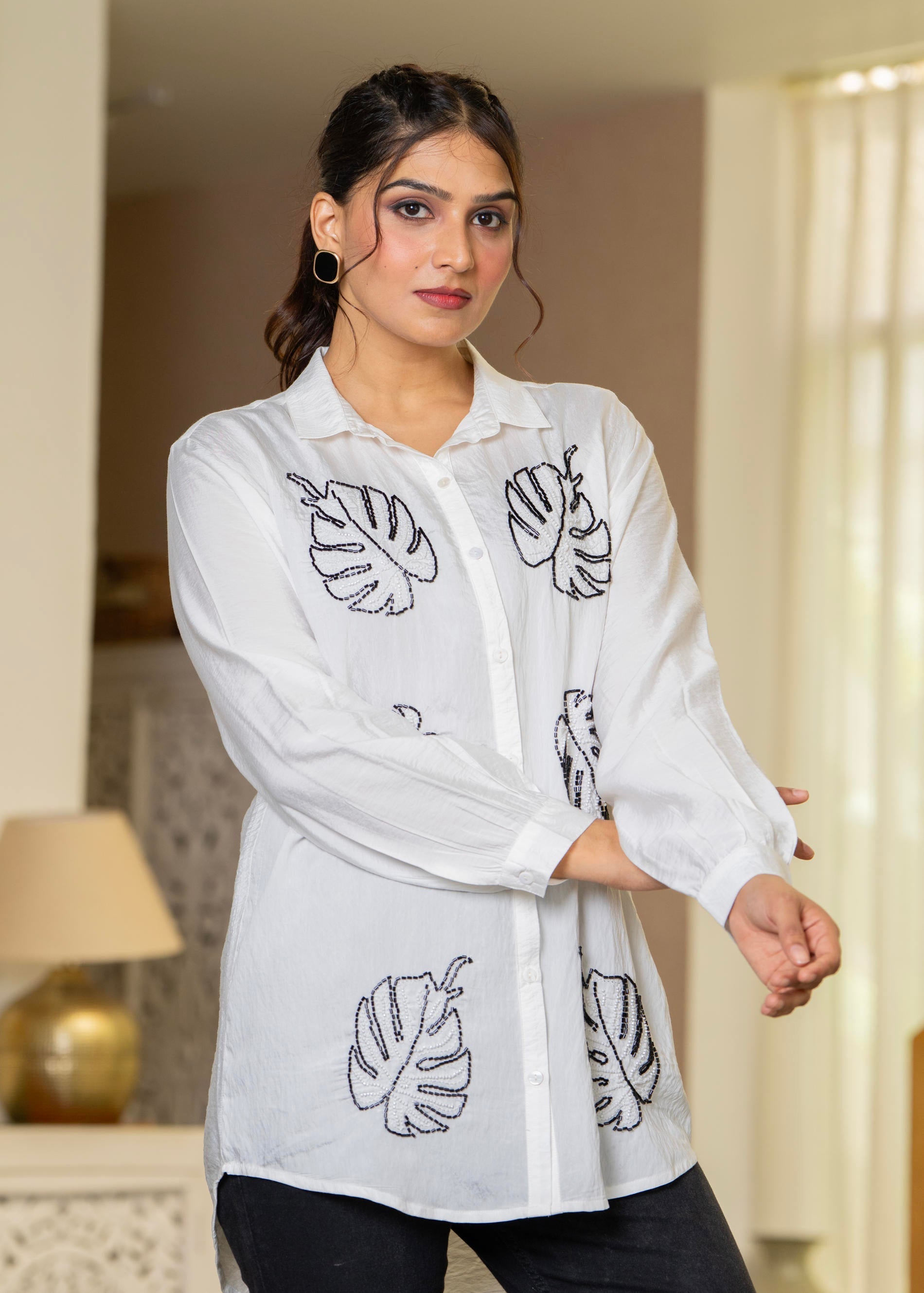 Juniper White Solid Viscose Shirt With Beads Work | Grocsy