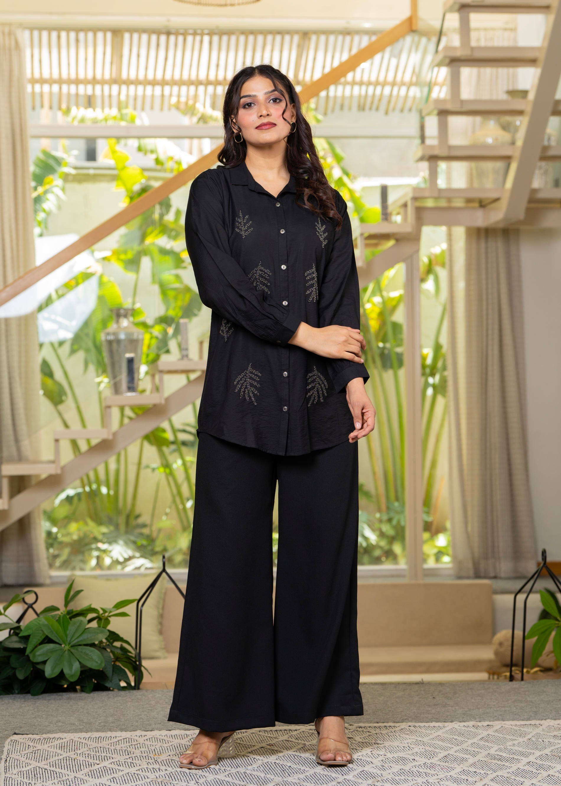 Juniper Black Solid Viscose Shirt With Beads Work | Grocsy