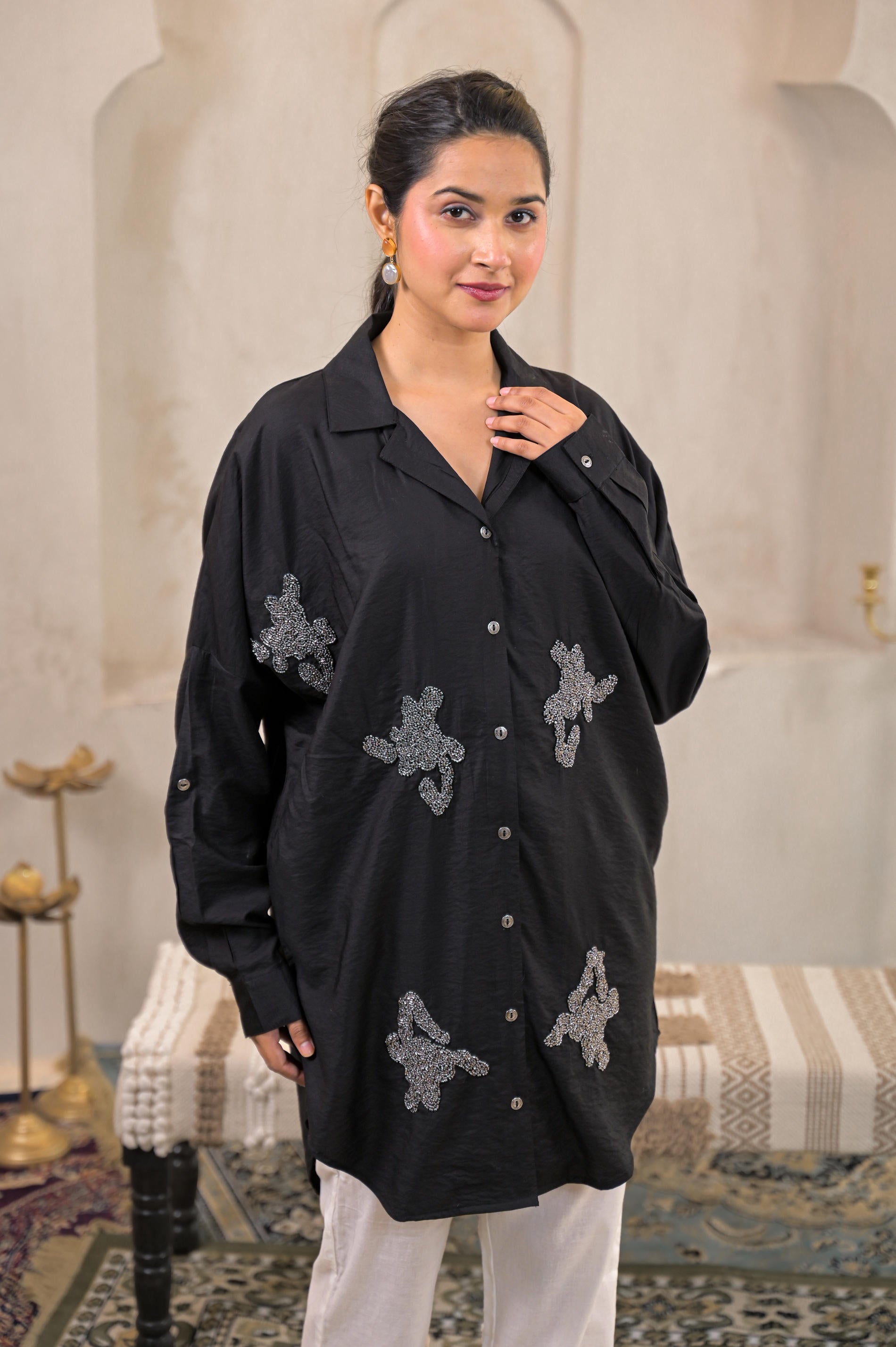Juniper Black Solid Viscose Shirt With Beads Work | Grocsy