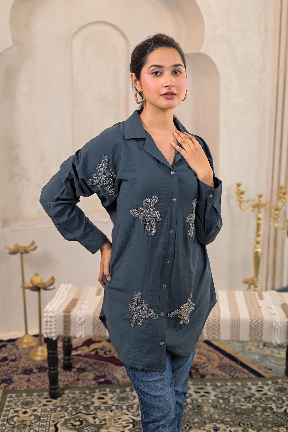 Juniper Grey Solid Viscose Shirt With Beads Work | Grocsy