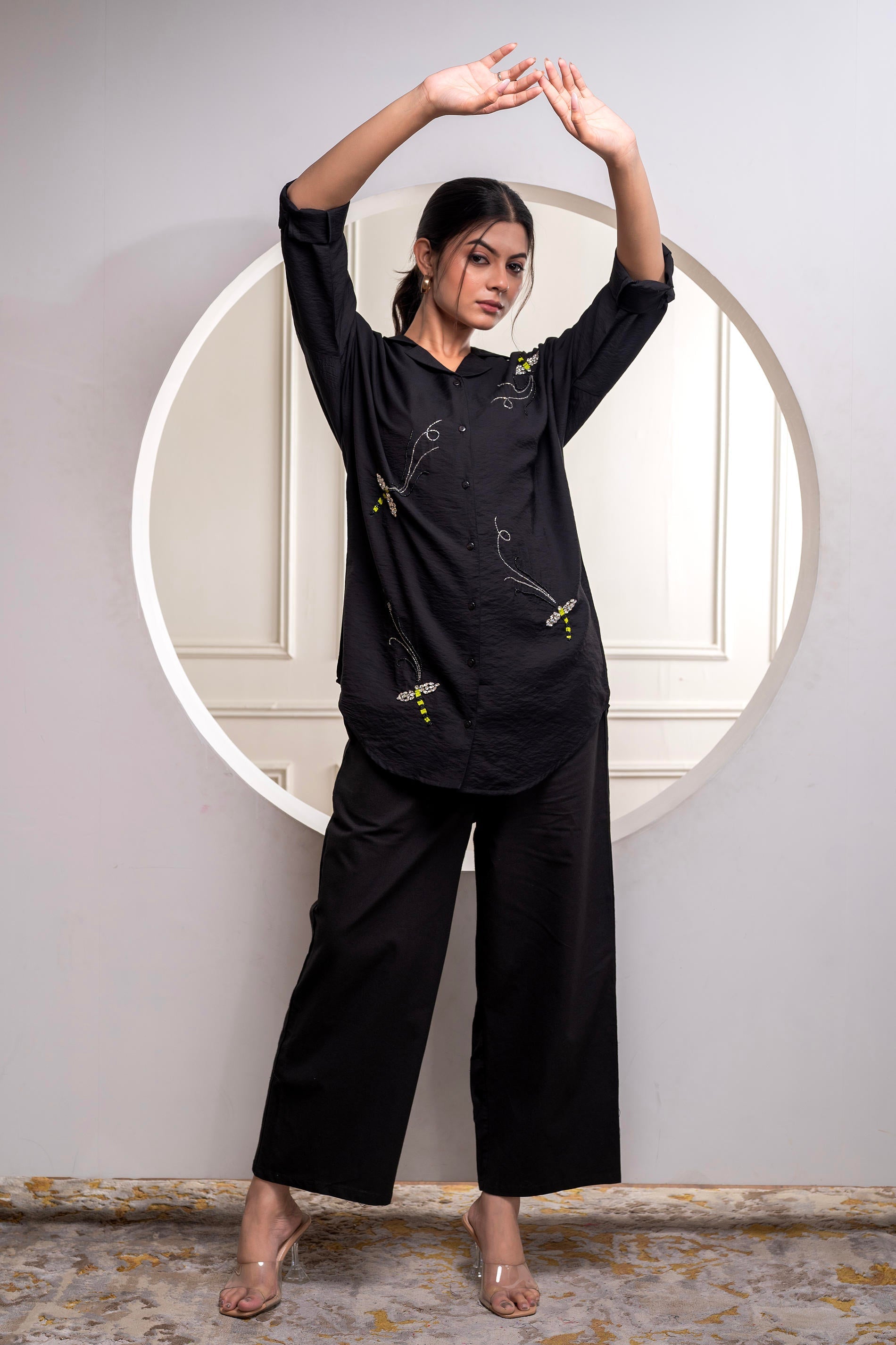 Juniper Black Solid Viscose Shirt With Beads Work | Grocsy