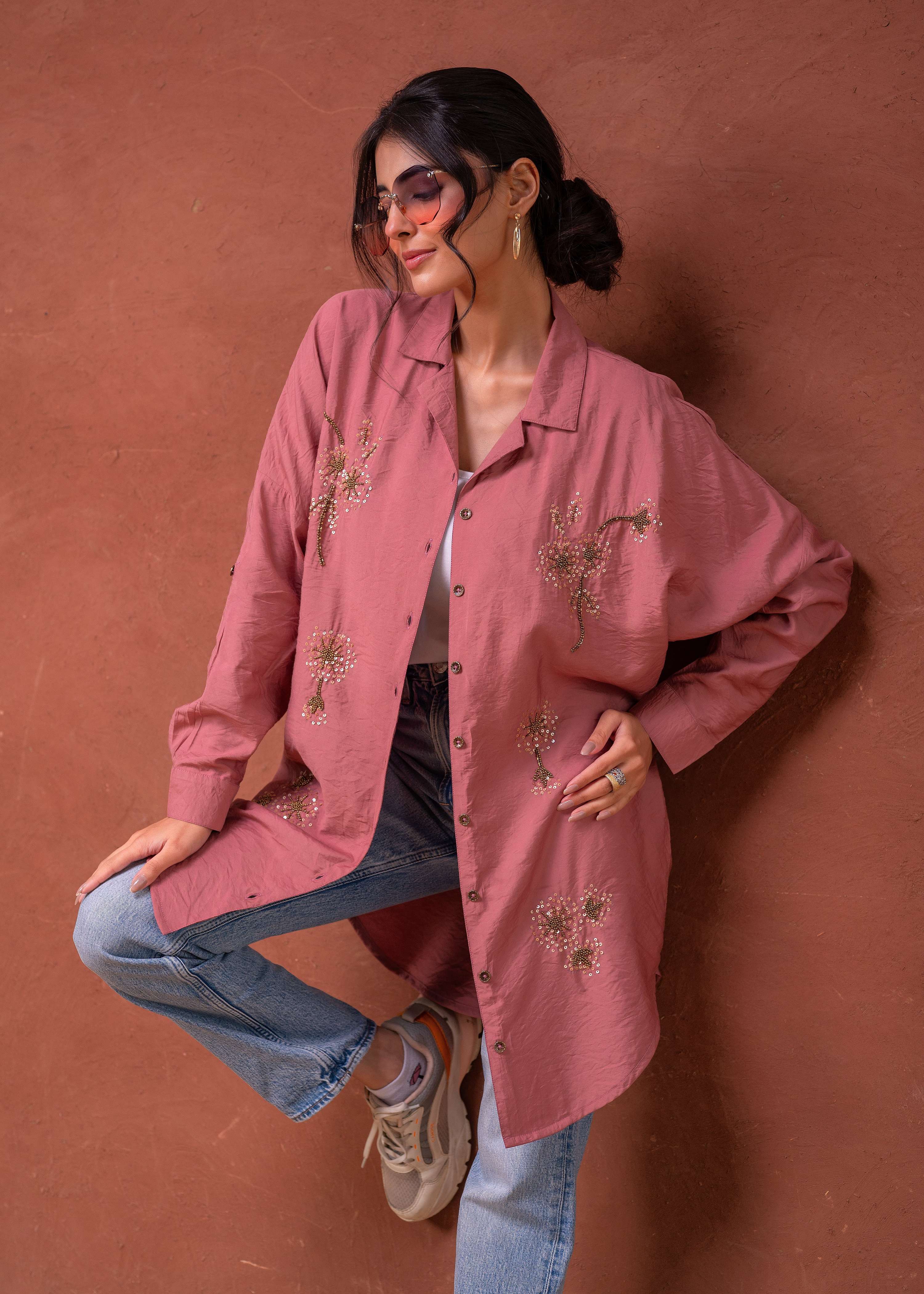 Juniper Viscose Dusty Pink Embellished Shirt With Sequin & Bead Details | Grocsy