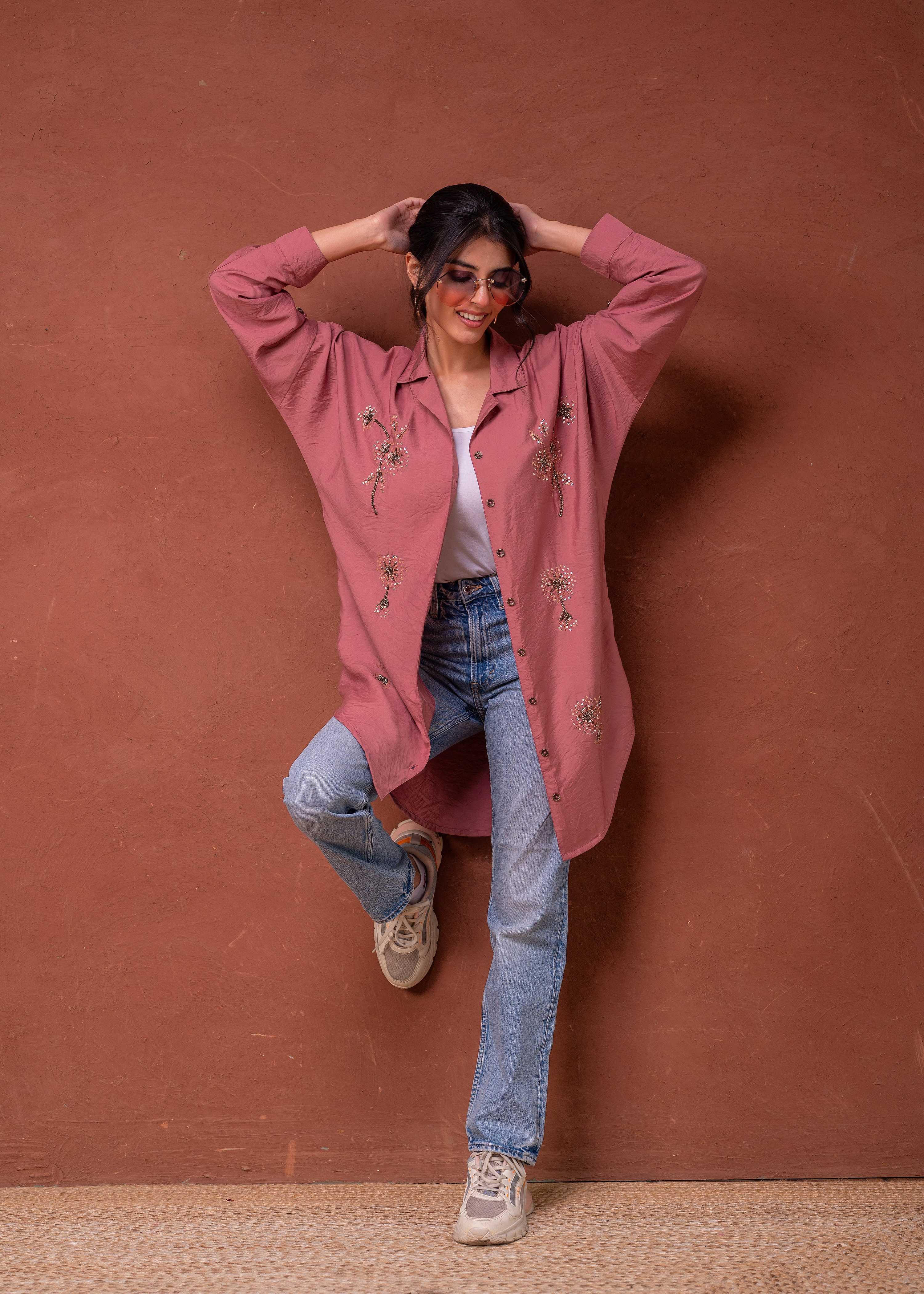 Juniper Viscose Dusty Pink Embellished Shirt With Sequin & Bead Details | Grocsy