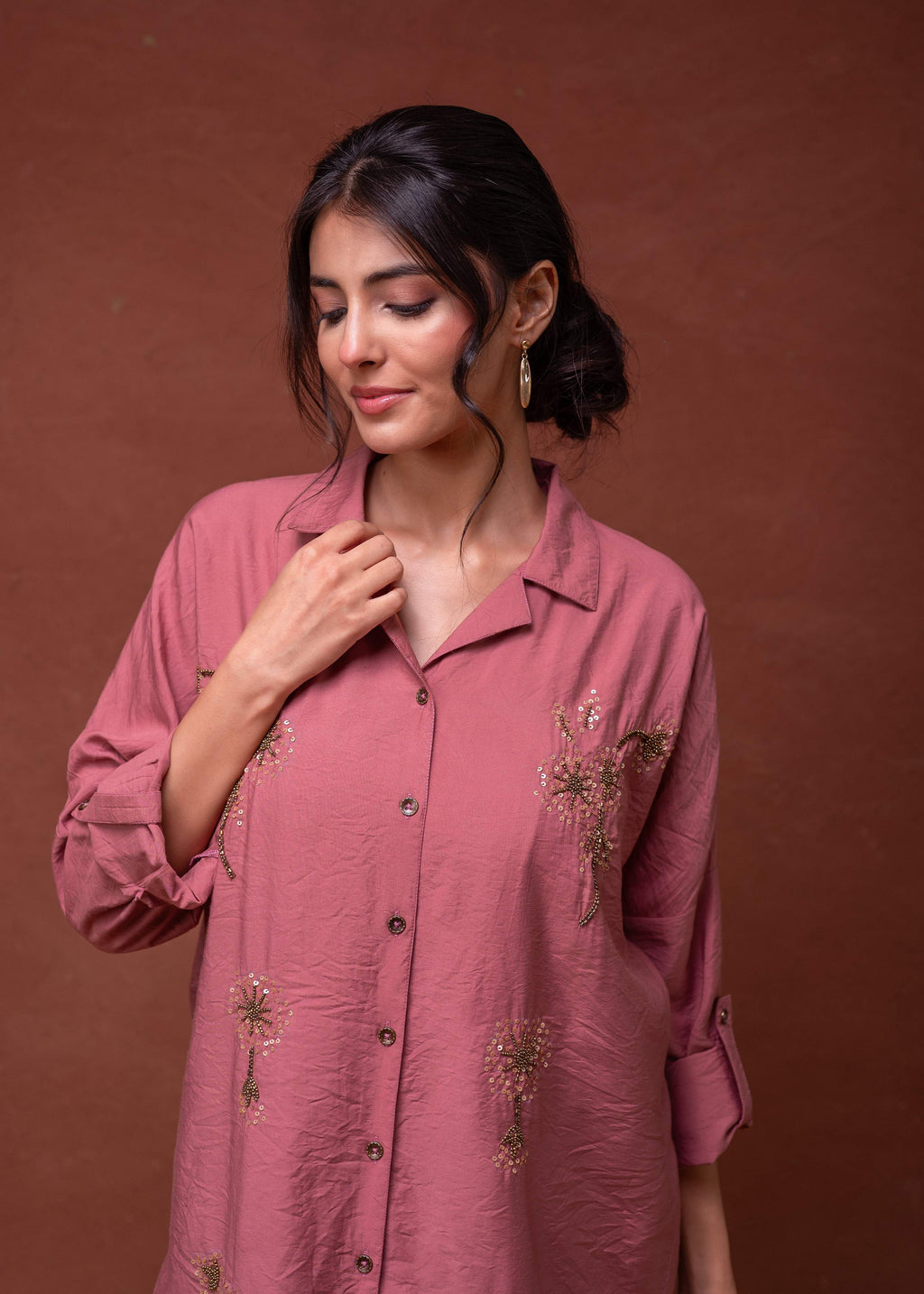Juniper Viscose Dusty Pink Embellished Shirt With Sequin & Bead Details | Grocsy