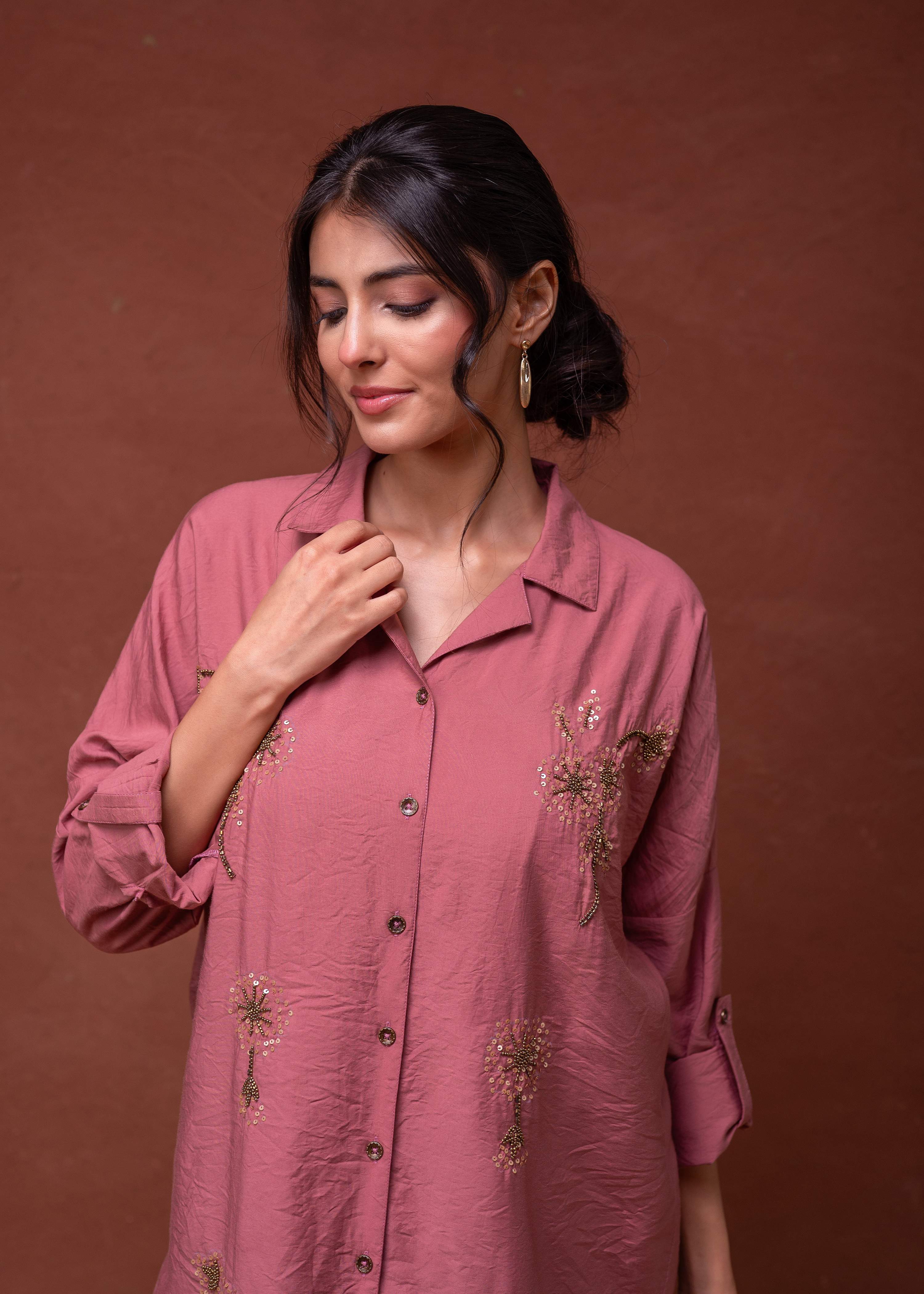 Juniper Viscose Dusty Pink Embellished Shirt With Sequin & Bead Details | Grocsy