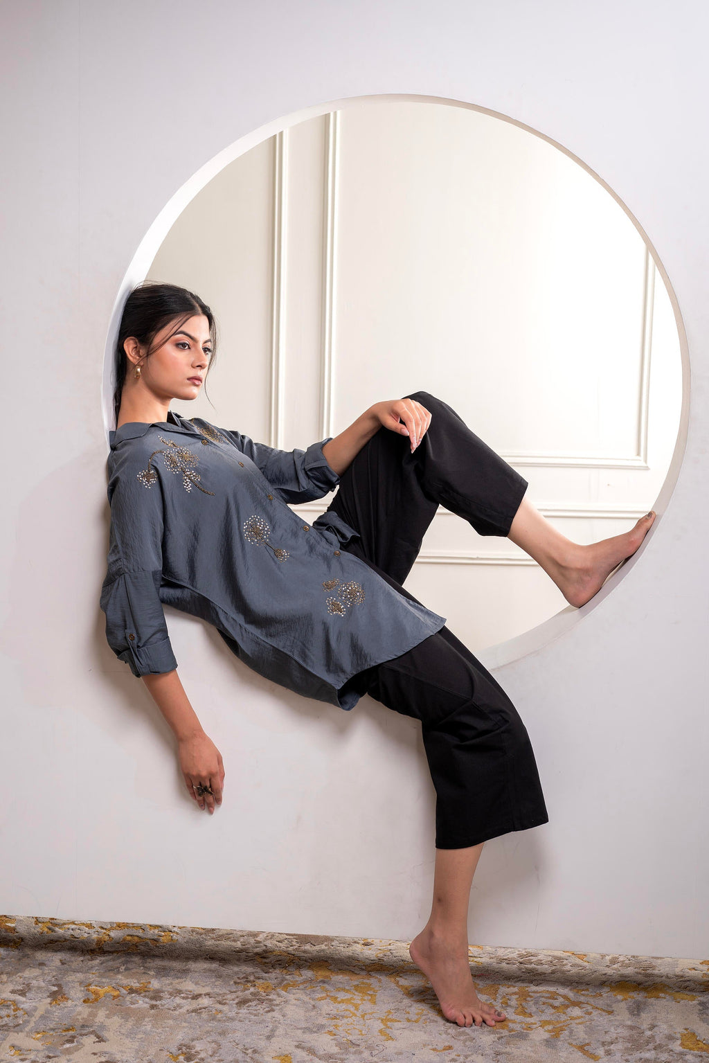 Juniper Viscose Grey Embellished Shirt With Sequin & Bead Details | Grocsy