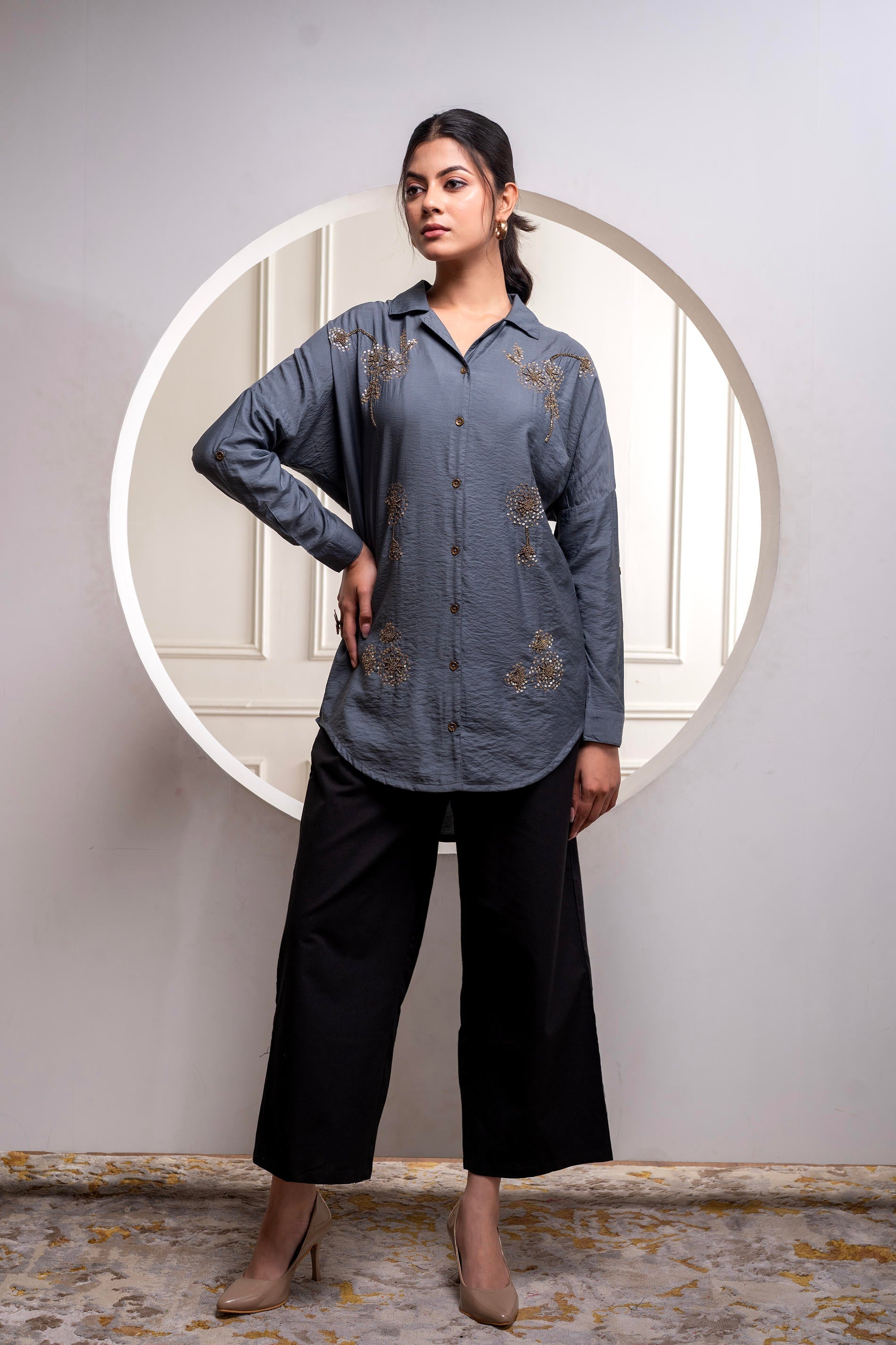 Juniper Viscose Grey Embellished Shirt With Sequin & Bead Details | Grocsy
