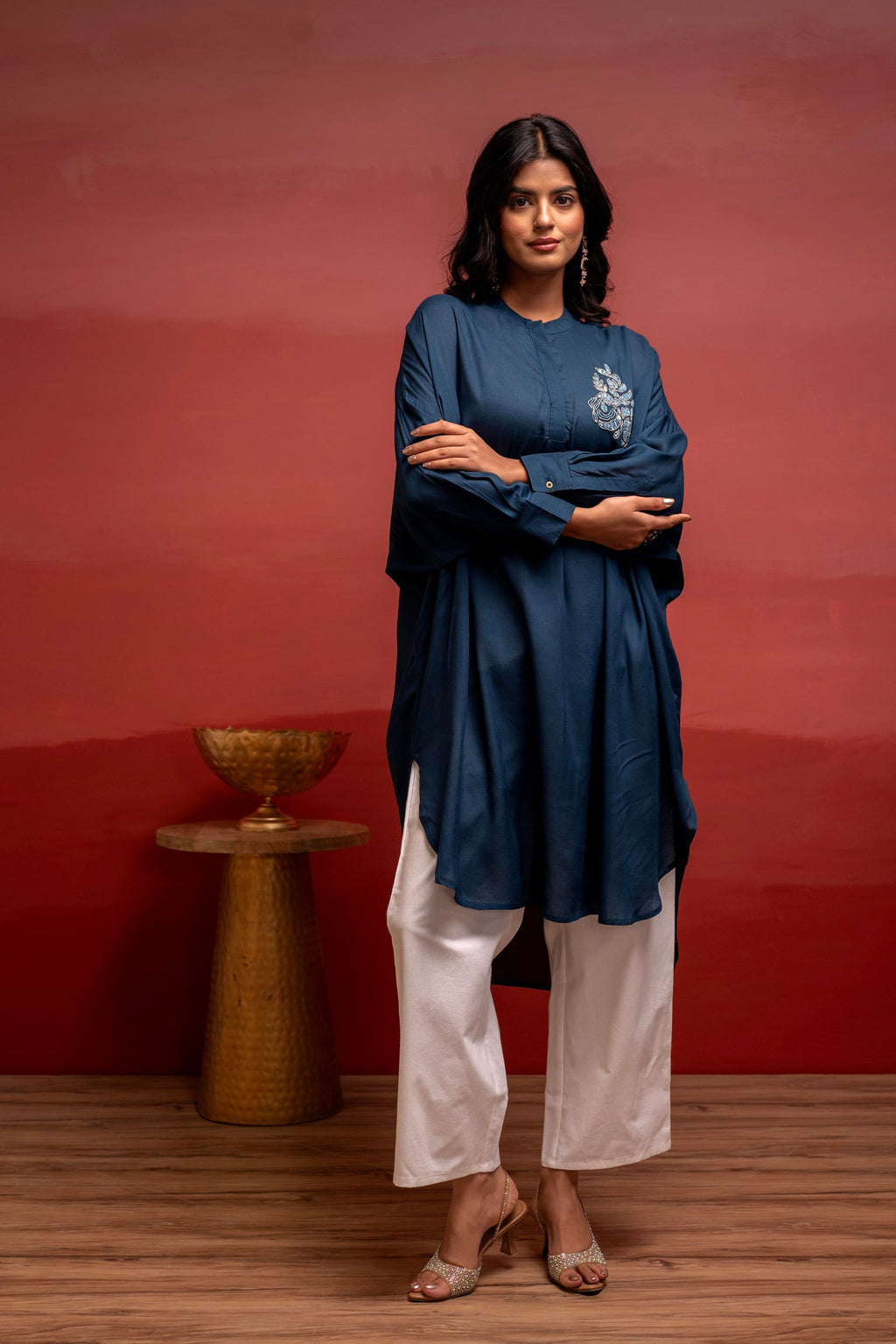 Juniper Viscose Blue Embellished Shirt With Sequin & Bead Details | Grocsy