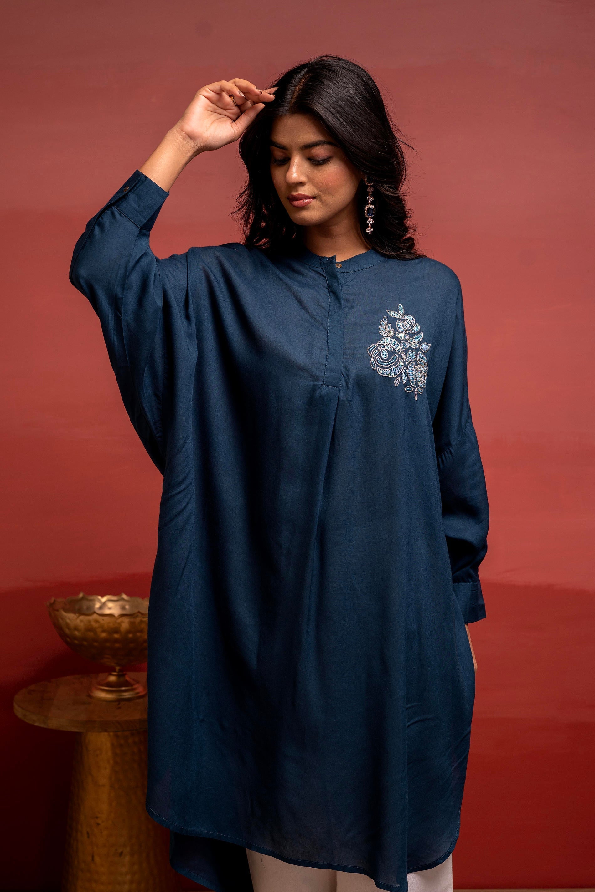 Juniper Viscose Blue Embellished Shirt With Sequin & Bead Details | Grocsy