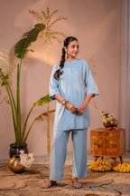 Juniper Blue Whisper Embroidered Comfort Co-ord | Grocsy
