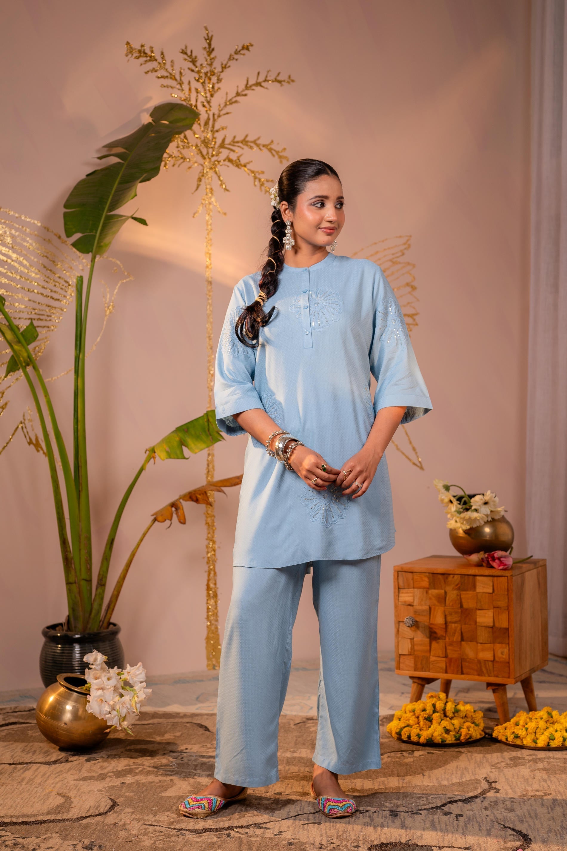 Juniper Blue Whisper Embroidered Comfort Co-ord | Grocsy