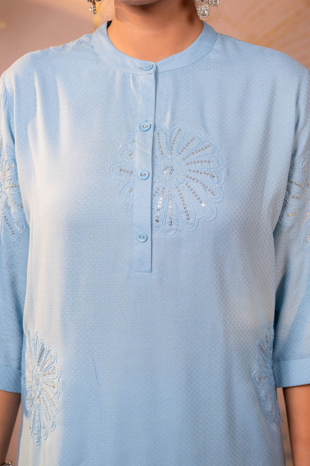 Juniper Blue Whisper Embroidered Comfort Co-ord | Grocsy