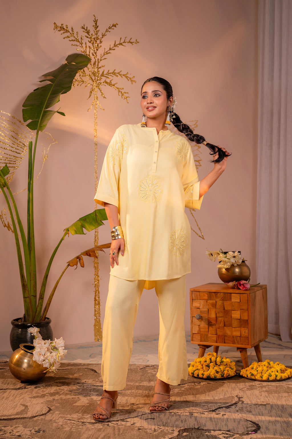 Juniper Light Yellow Whisper Embroidered Comfort Co-ord | Grocsy