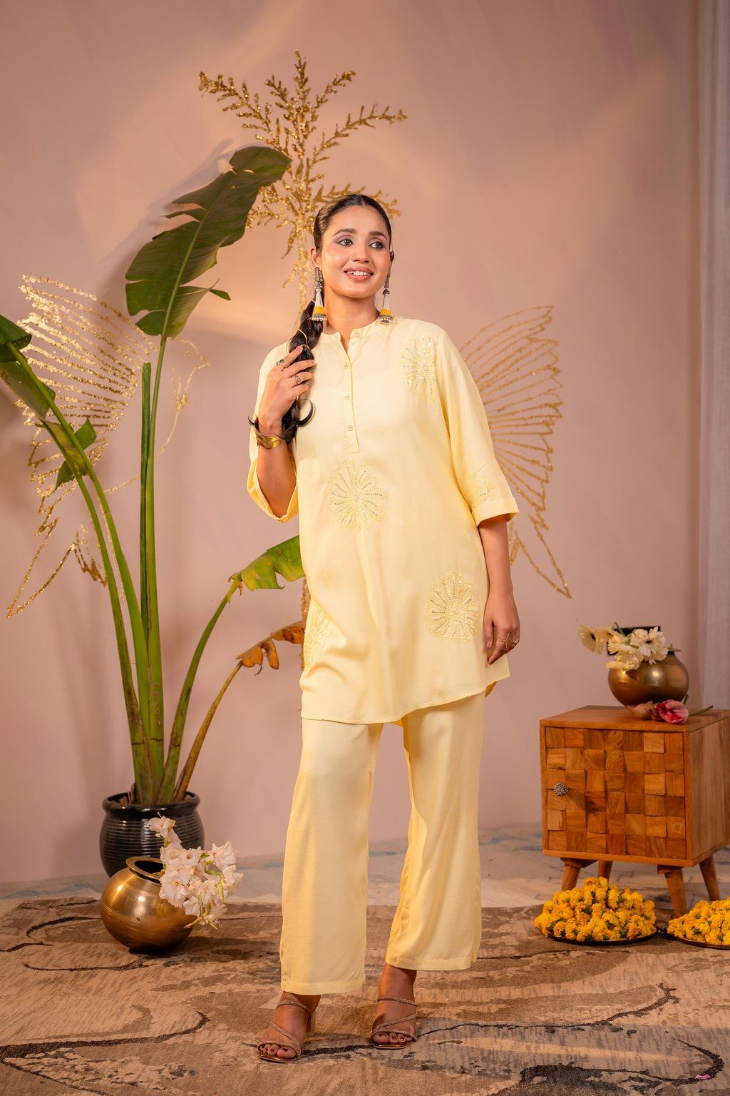 Juniper Light Yellow Whisper Embroidered Comfort Co-ord | Grocsy