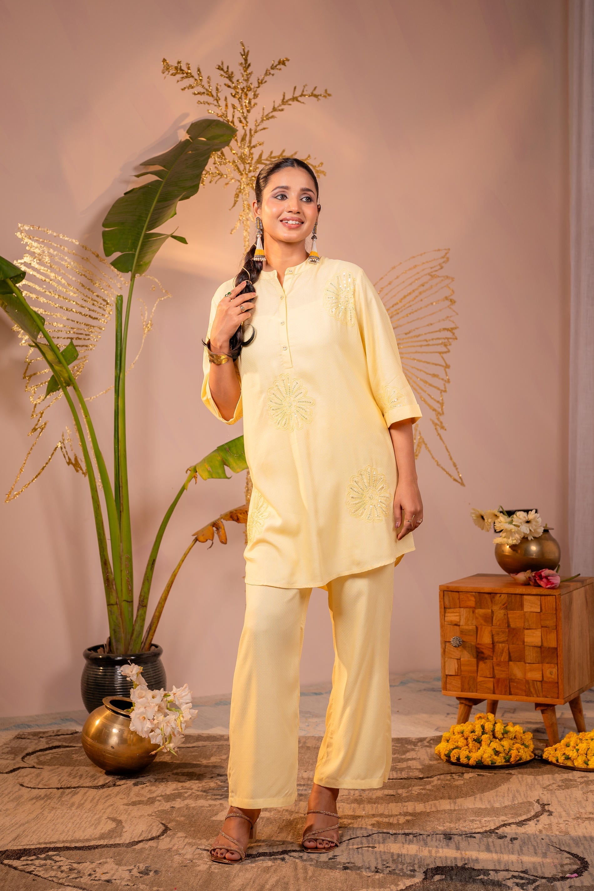 Juniper Light Yellow Whisper Embroidered Comfort Co-ord | Grocsy