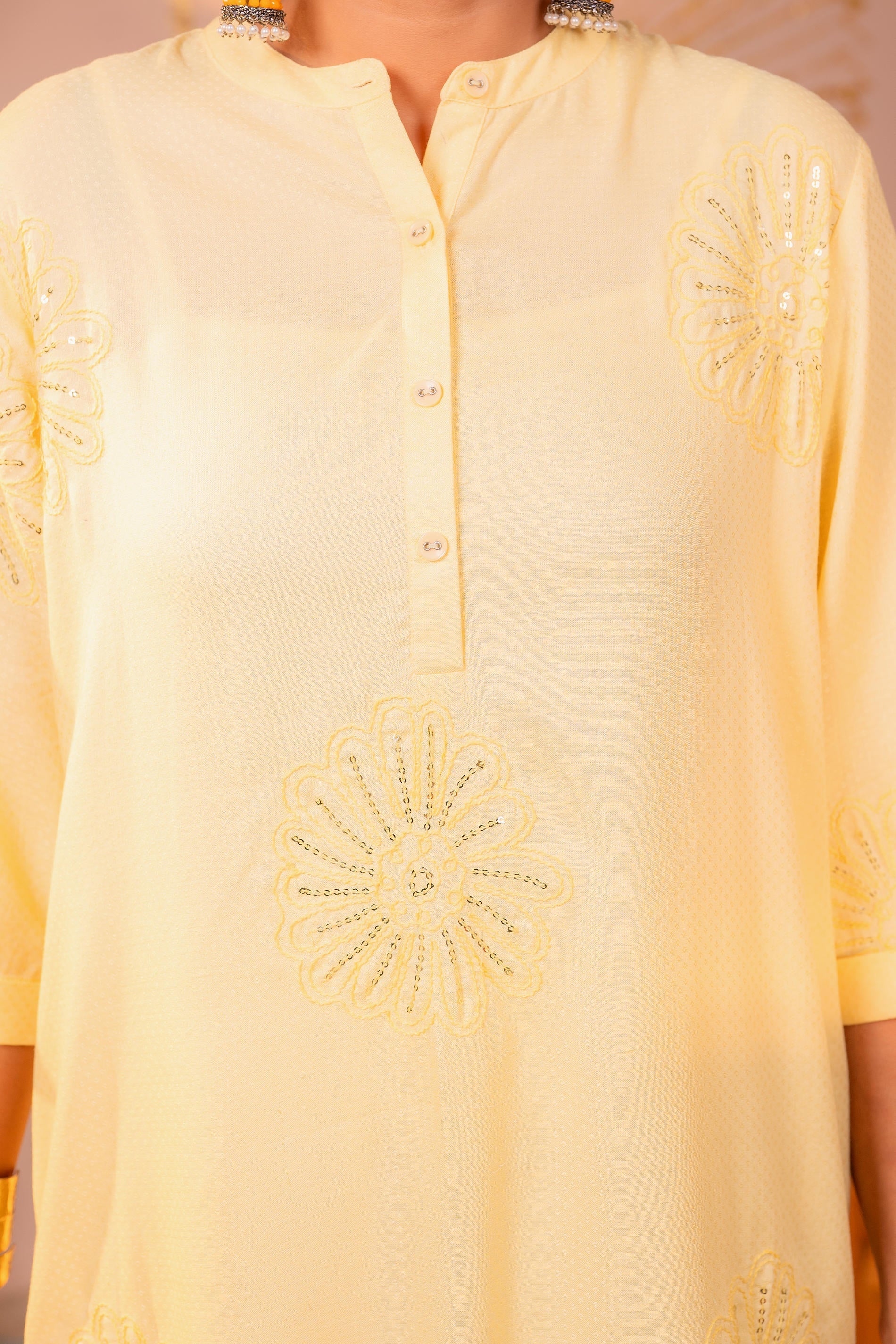 Juniper Light Yellow Whisper Embroidered Comfort Co-ord | Grocsy