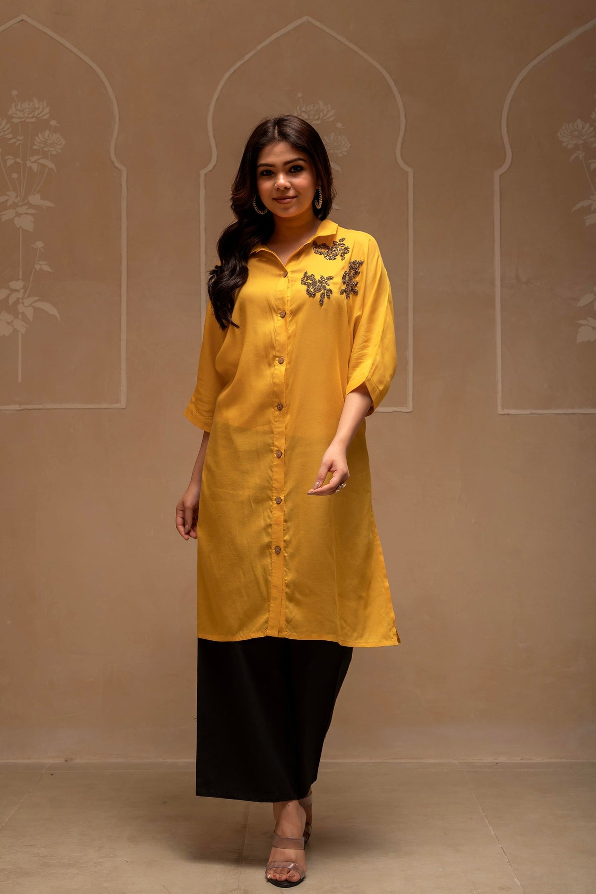 Juniper Mustard Solid Viscose Shirt With Beads Work | Grocsy