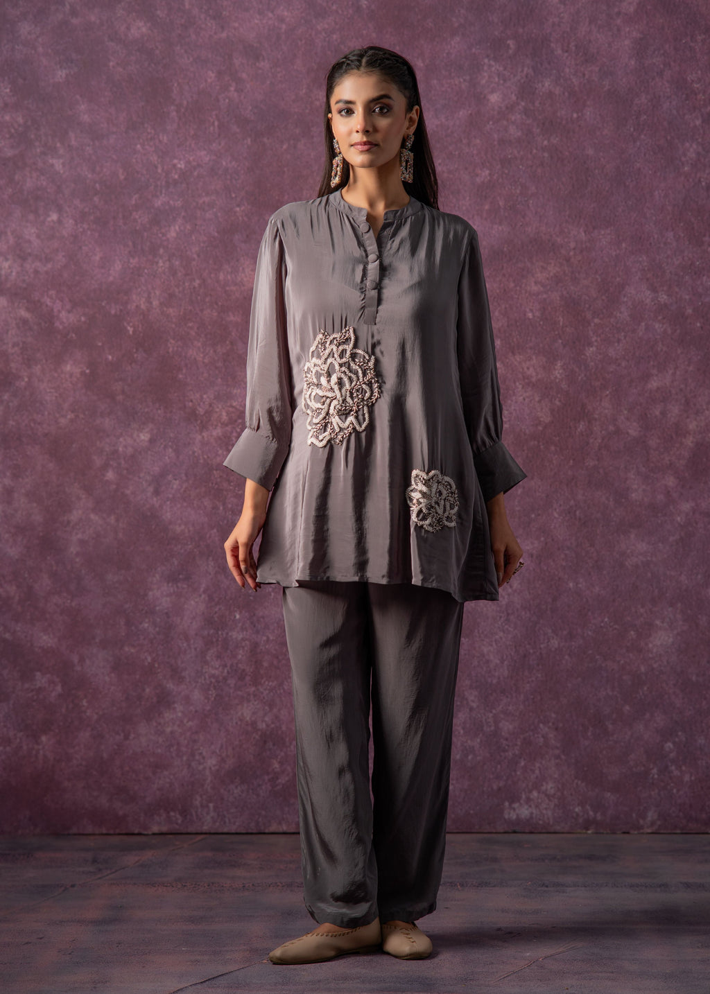 Juniper Viscose Grey Embellished Tunic And Pant Co-Ord Set With Bead Details | Grocsy