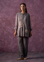 Juniper Viscose Grey Embellished Tunic And Pant Co-Ord Set With Bead Details | Grocsy