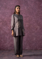 Juniper Viscose Grey Embellished Tunic And Pant Co-Ord Set With Bead Details | Grocsy