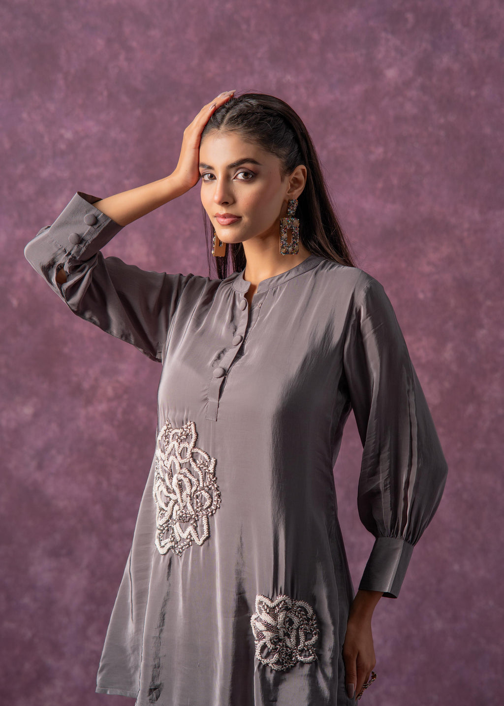 Juniper Viscose Grey Embellished Tunic And Pant Co-Ord Set With Bead Details | Grocsy