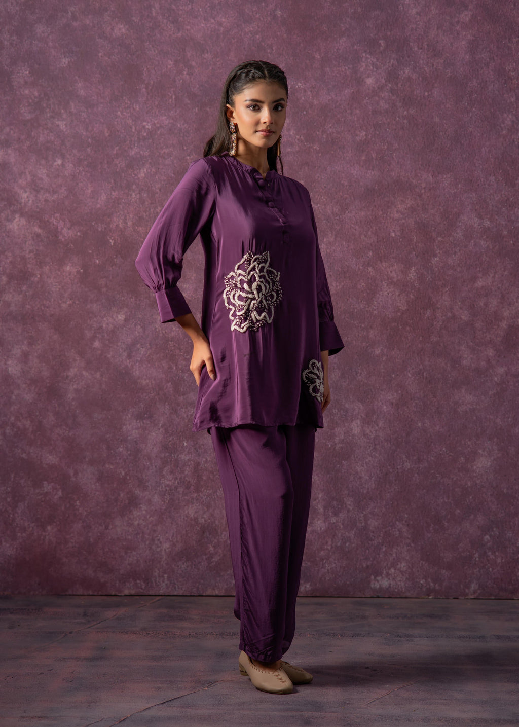 Juniper Viscose Purple Embellished Tunic And Pant Co-Ord Set With Bead Details | Grocsy