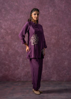 Juniper Viscose Purple Embellished Tunic And Pant Co-Ord Set With Bead Details | Grocsy