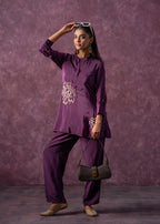 Juniper Viscose Purple Embellished Tunic And Pant Co-Ord Set With Bead Details | Grocsy