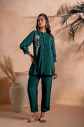 Juniper Bottle Green Embellished Viscose Co-Ord Set With Bead Detailing | Grocsy