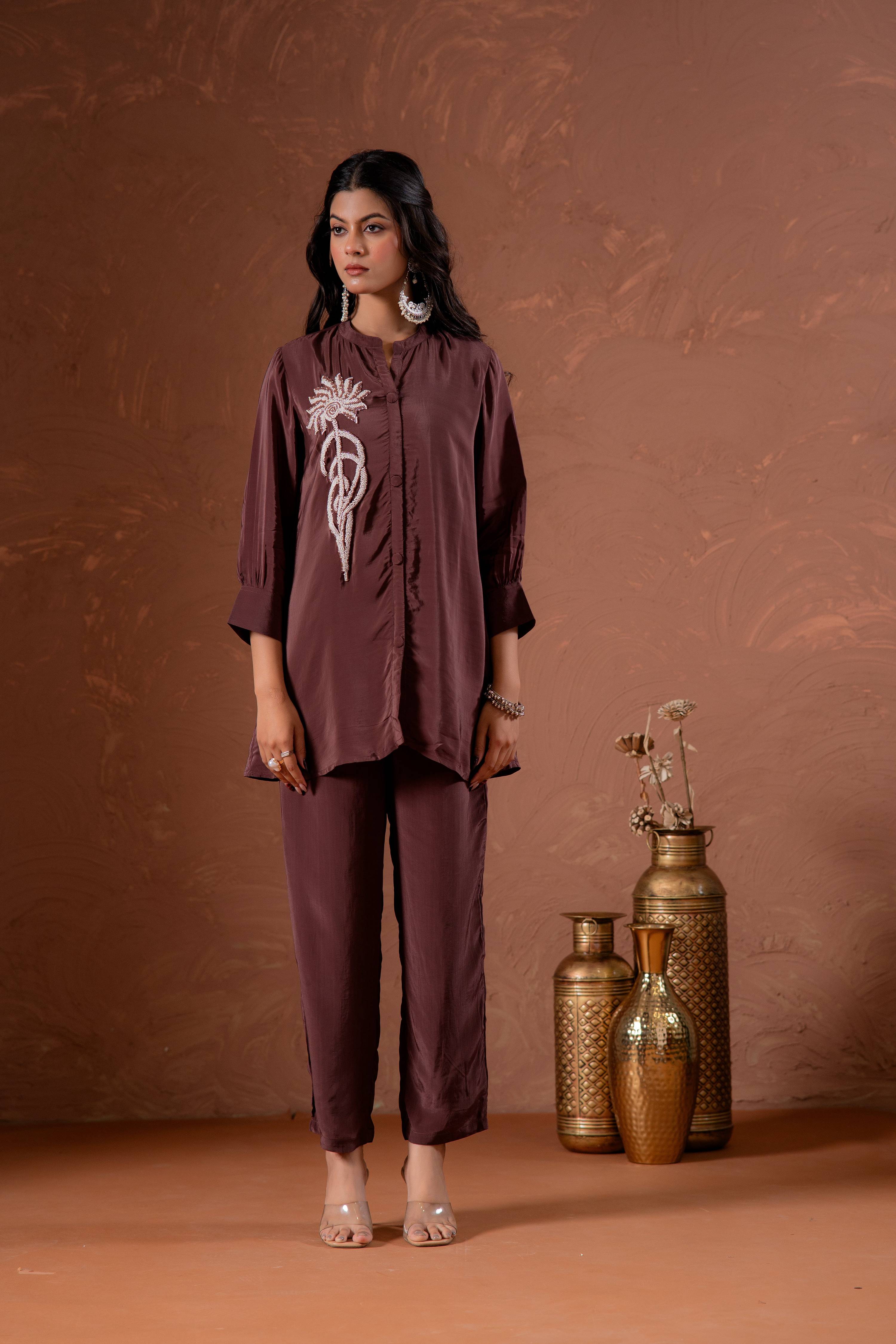 Juniper Coffee Brown Embellished Viscose Co-Ord Set With Bead Detailing | Grocsy
