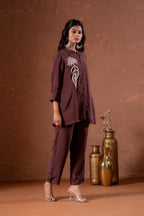Juniper Coffee Brown Embellished Viscose Co-Ord Set With Bead Detailing | Grocsy