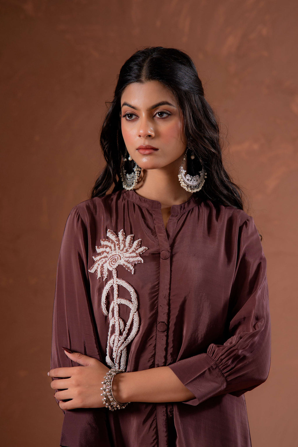 Juniper Coffee Brown Embellished Viscose Co-Ord Set With Bead Detailing | Grocsy