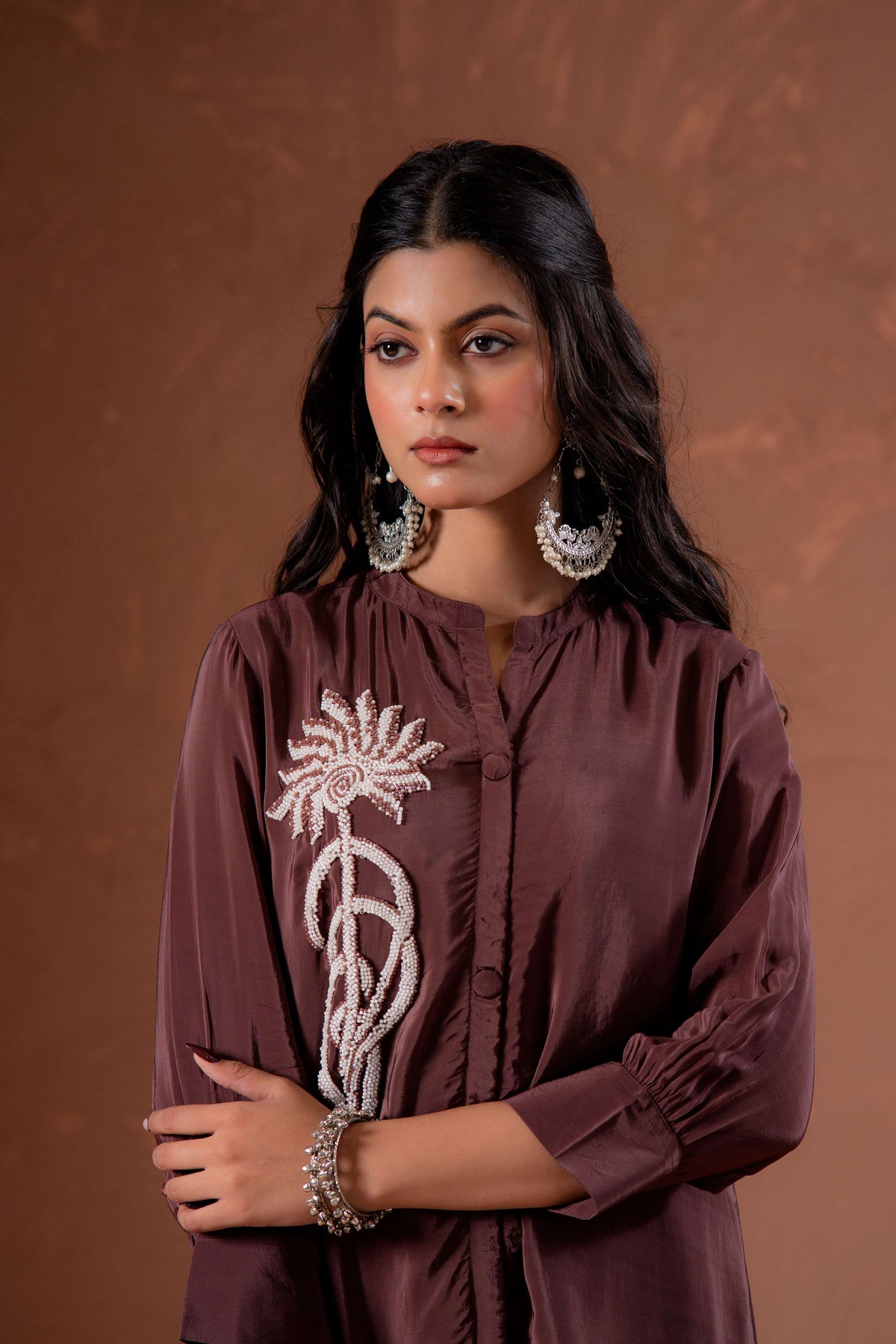 Juniper Coffee Brown Embellished Viscose Co-Ord Set With Bead Detailing | Grocsy