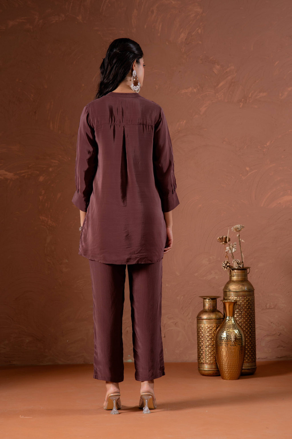 Juniper Coffee Brown Embellished Viscose Co-Ord Set With Bead Detailing | Grocsy