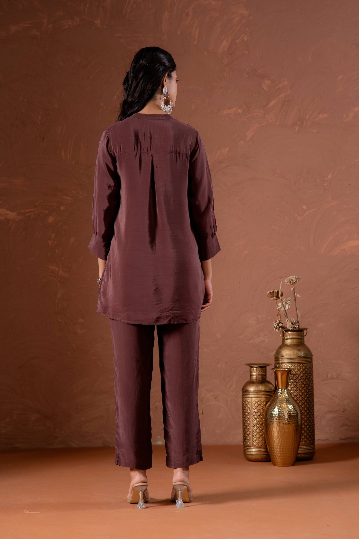 Juniper Coffee Brown Embellished Viscose Co-Ord Set With Bead Detailing | Grocsy