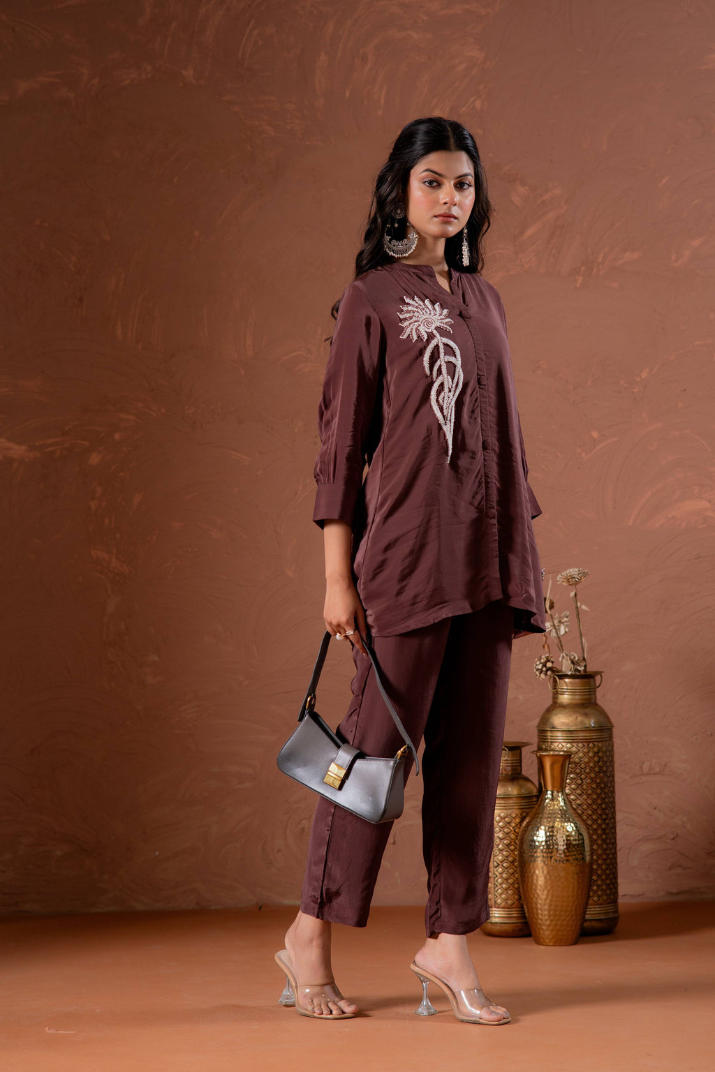 Juniper Coffee Brown Embellished Viscose Co-Ord Set With Bead Detailing | Grocsy