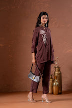 Juniper Coffee Brown Embellished Viscose Co-Ord Set With Bead Detailing | Grocsy