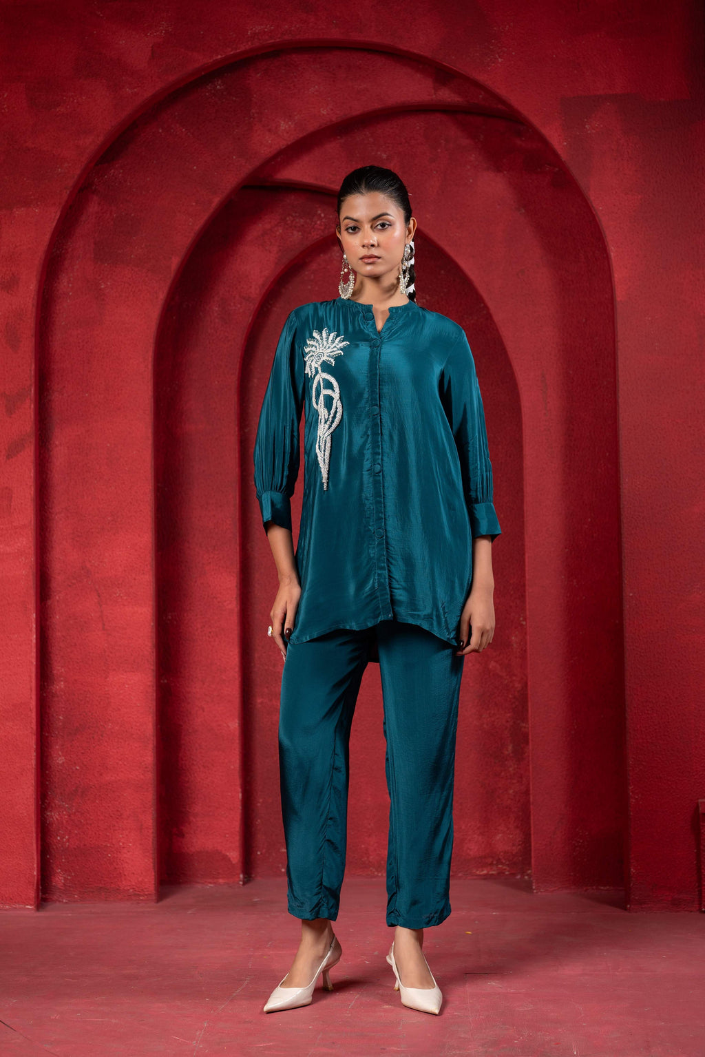 Juniper Teal Embellished Viscose Co-Ord Set With Bead Detailing | Grocsy