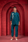 Juniper Teal Embellished Viscose Co-Ord Set With Bead Detailing | Grocsy