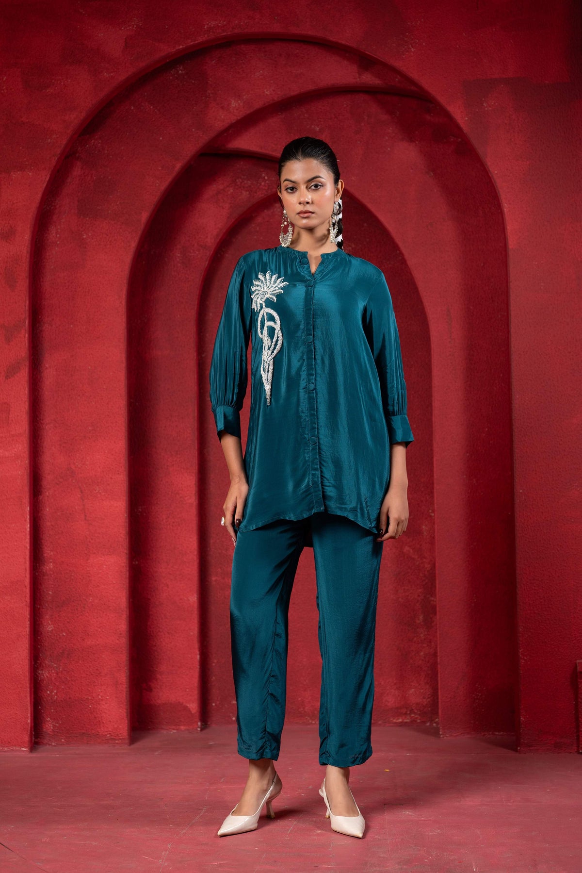Juniper Teal Embellished Viscose Co-Ord Set With Bead Detailing | Grocsy
