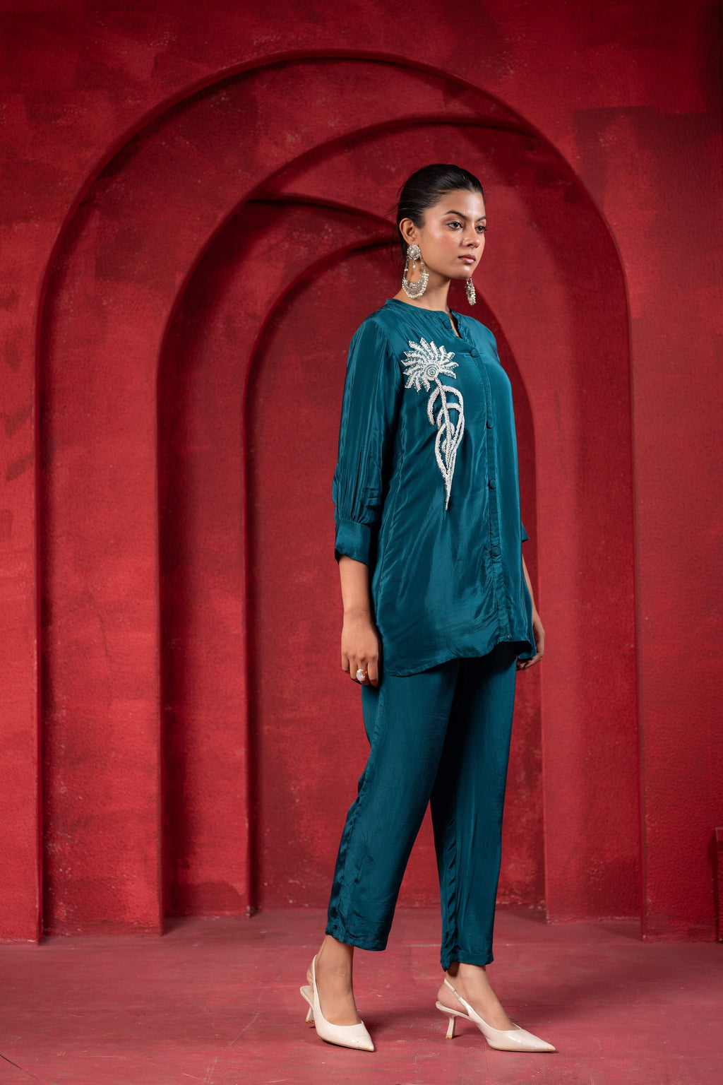 Juniper Teal Embellished Viscose Co-Ord Set With Bead Detailing | Grocsy