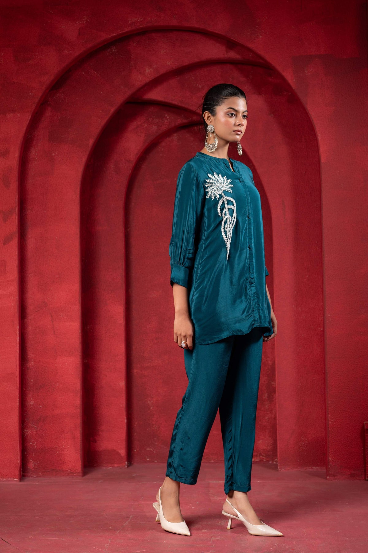 Juniper Teal Embellished Viscose Co-Ord Set With Bead Detailing | Grocsy