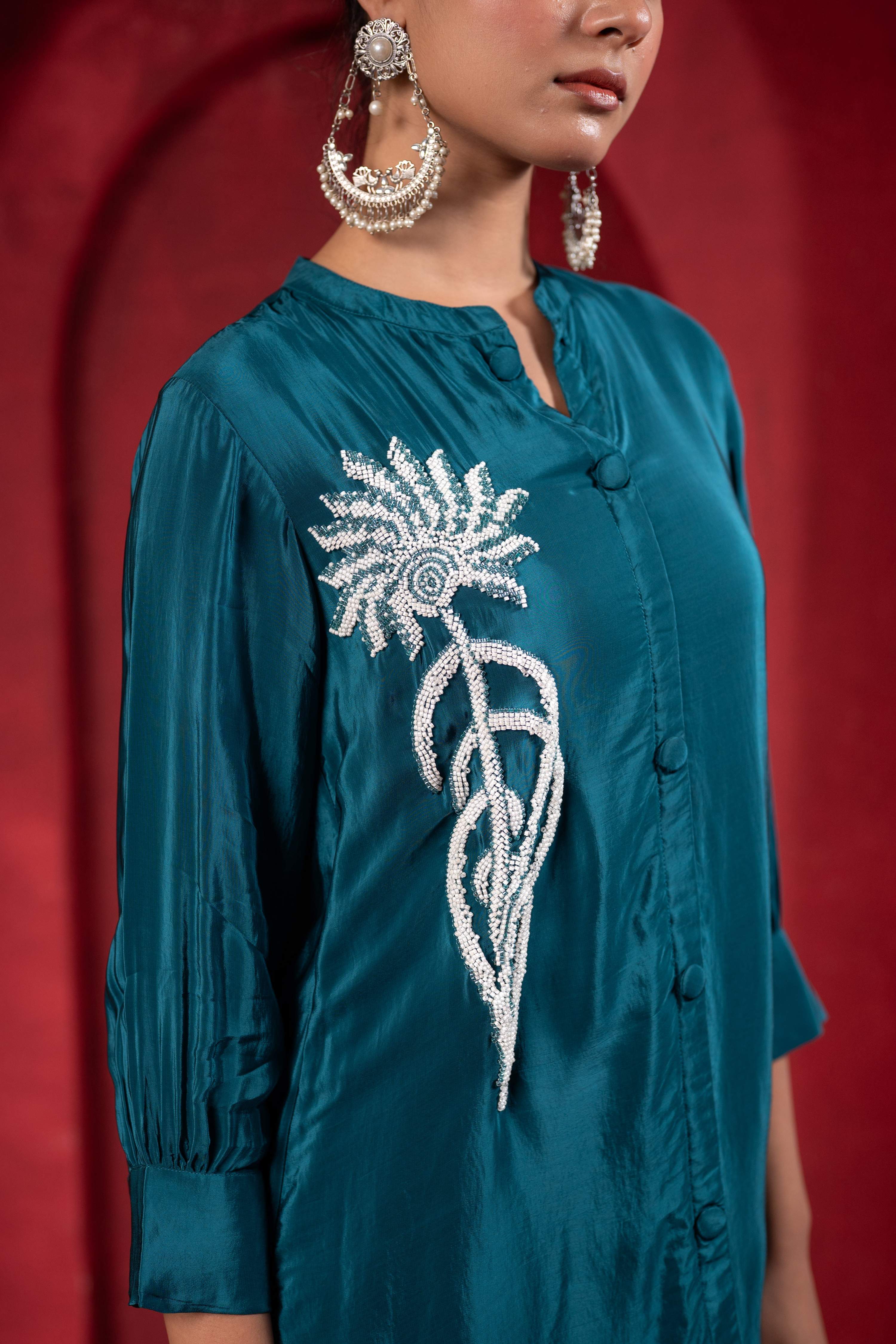 Juniper Teal Embellished Viscose Co-Ord Set With Bead Detailing | Grocsy